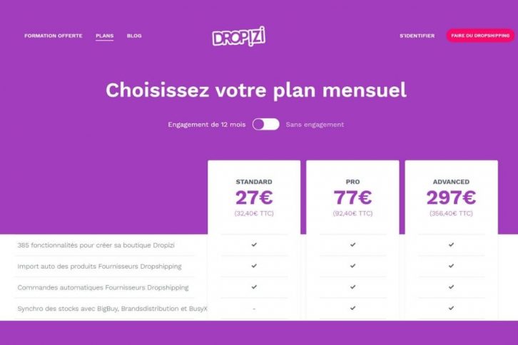 3 plans d'abonnements Dropizi