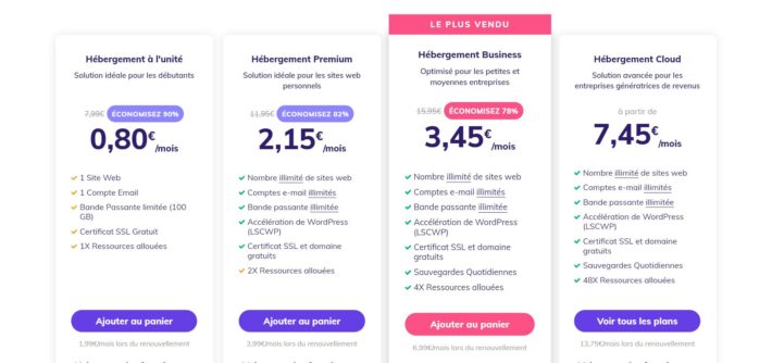 Les différents plans d'hébergement proposés par Hostinger